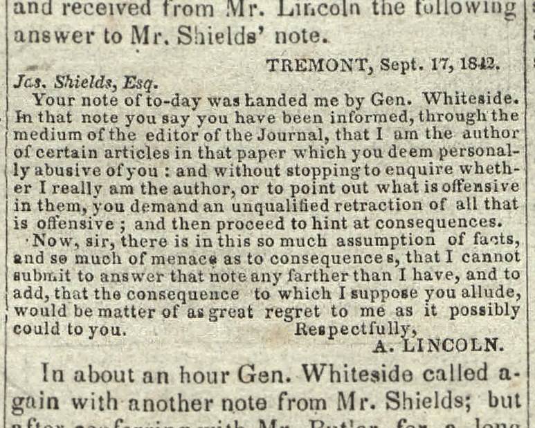 Lincoln's response to Shields's first letter. This is a newspaper printing of a handwritten letter.