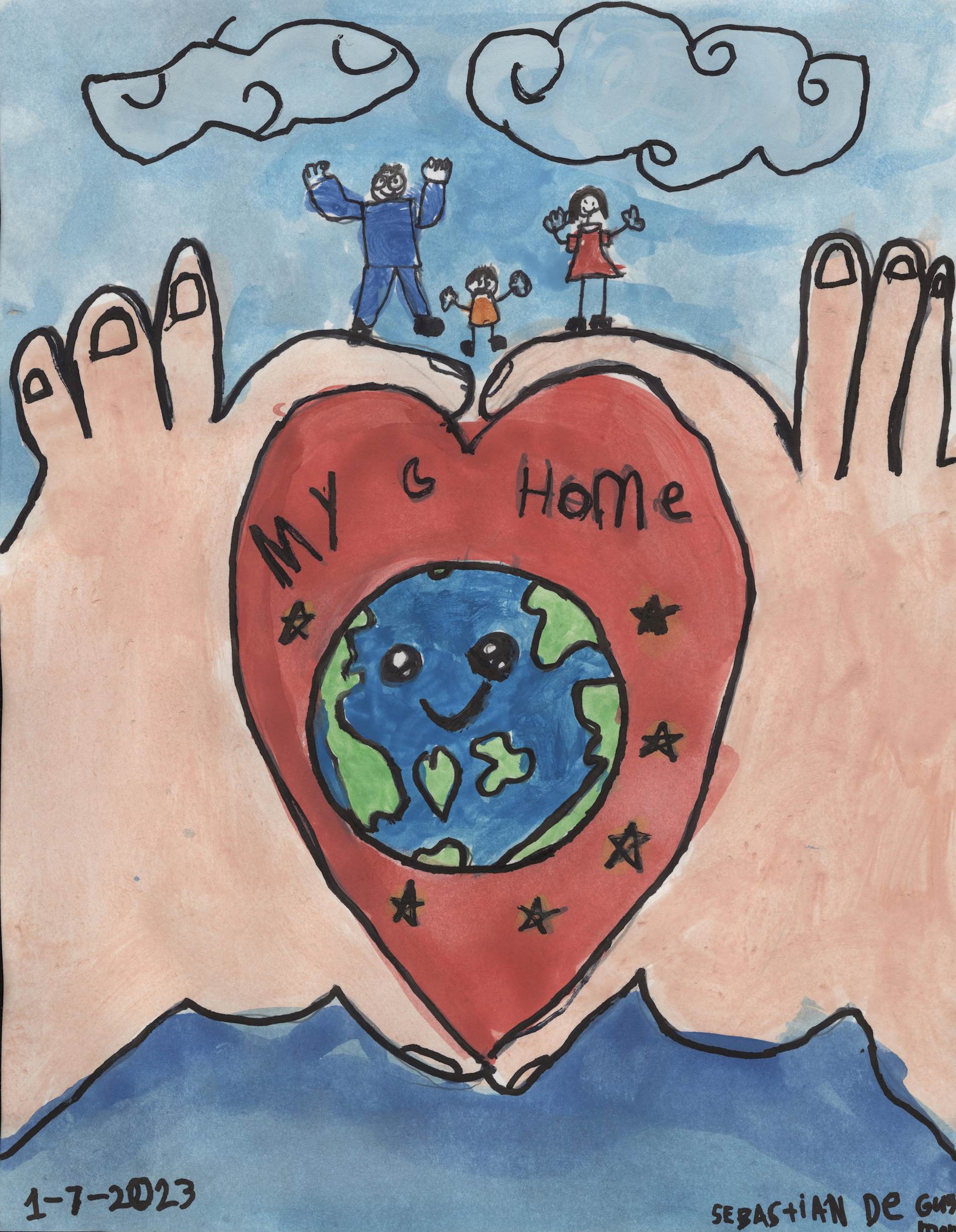 Kids drawing of hands making a heart around the world