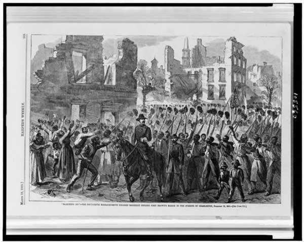 A wood engraving of the 55th Massachusetts Regiment singing the abolitionist song "John Brown's Body" as it marched into Char