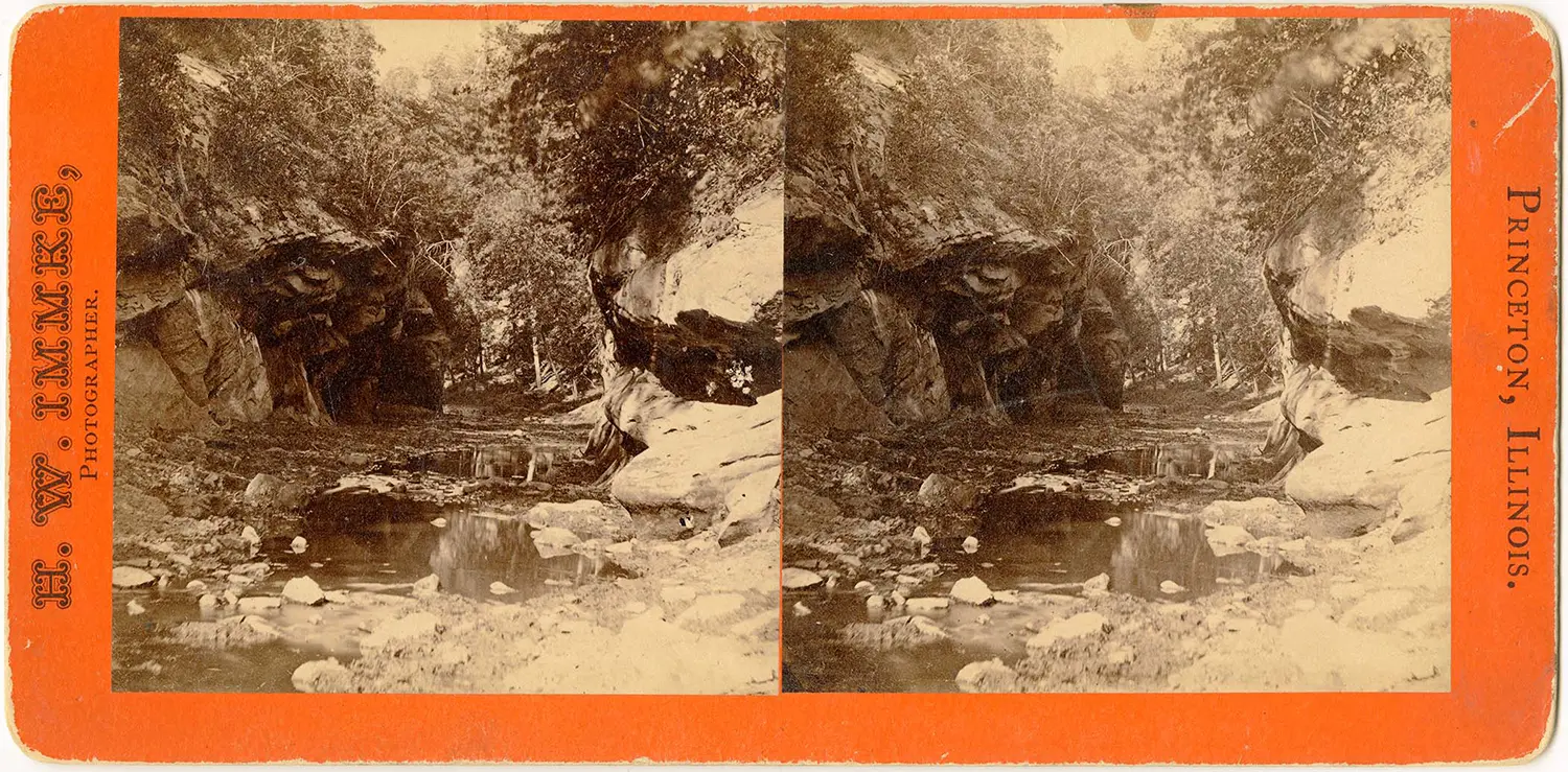 A card with side-by-side pictures of a stream running throgh a stony gorge.