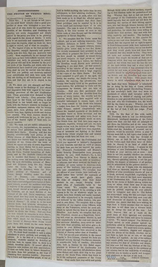 The Prayer of Twenty Millions, Horace Greeley, August 19, 1862