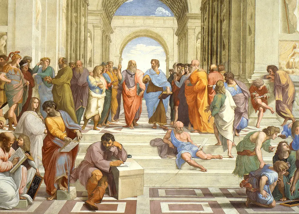 A colorful painting showing two men in togas amid a crowd of people.