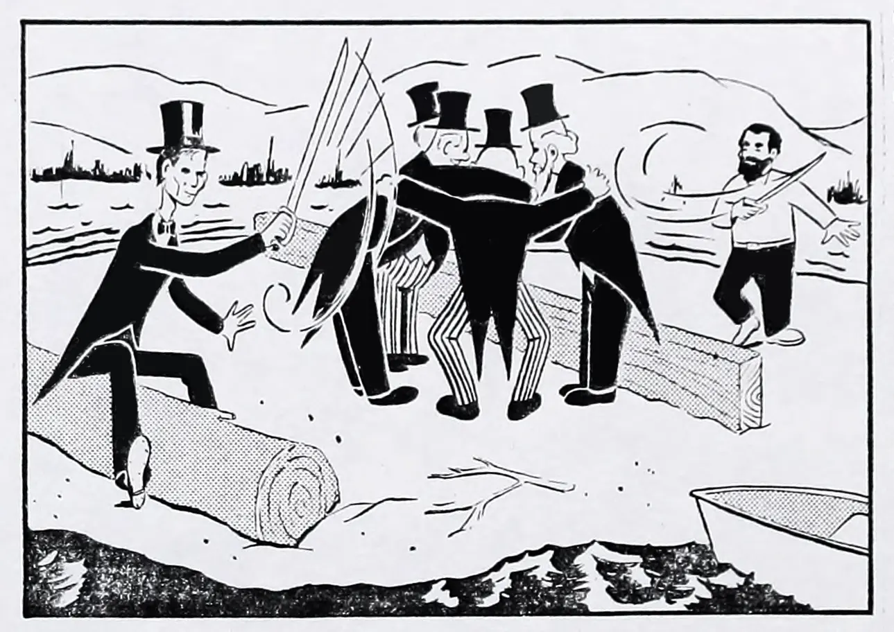 Cartoonish illustration of two men (one of them Abraham Lincoln) swinging swords while a group of men talk.