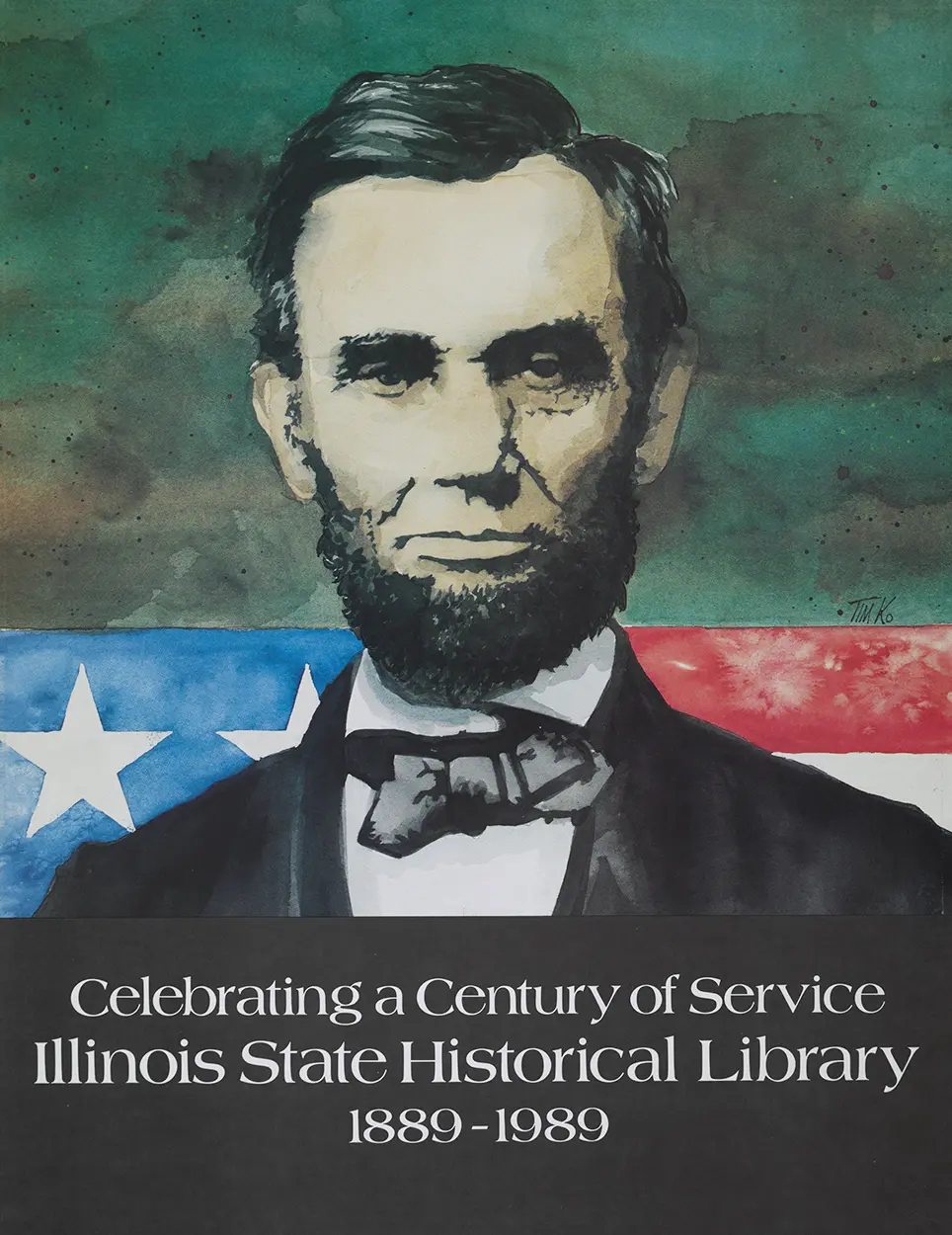 Poster bearing Lincoln's face celebrating the centennial of the Illinois State Historical Library