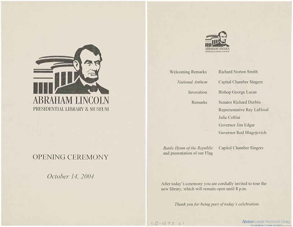 A program for the opening ceremony at the Abraham Lincoln Presidential Library