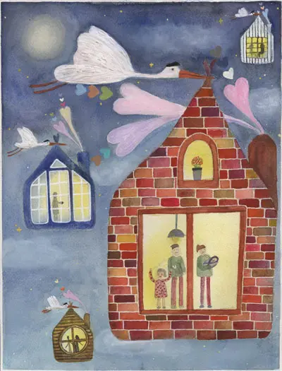 Painting of storks carrying different styles of houses in the shape of bags through the sky