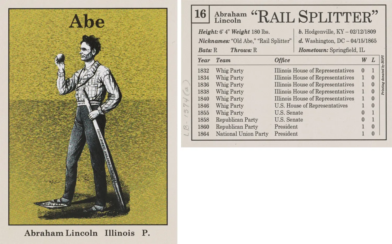 Front and back of a card about Lincoln in the style of a baseball card.