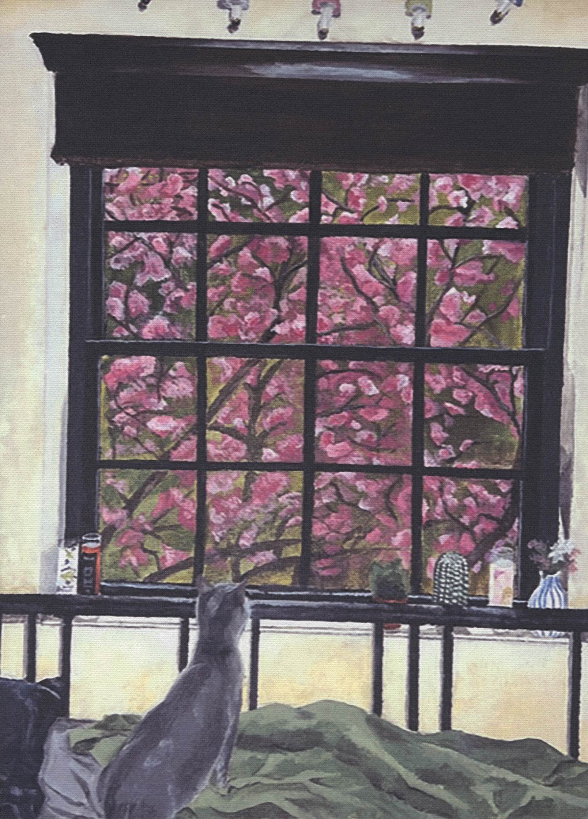 Painting of cat sitting on bed looking out a window at a cherry blossom tree