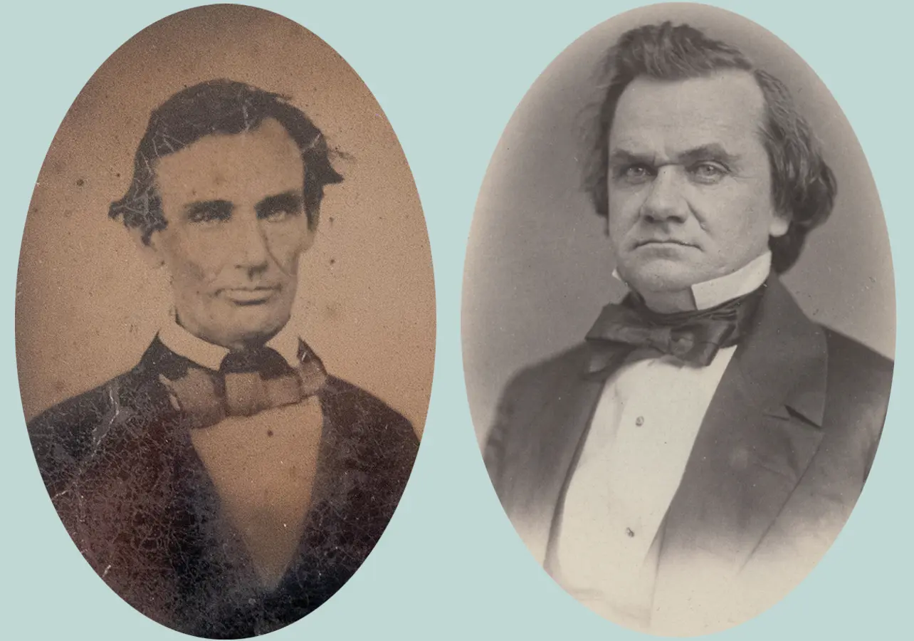 Side-by-side photos of Abraham Lincoln and Stephen Douglas
