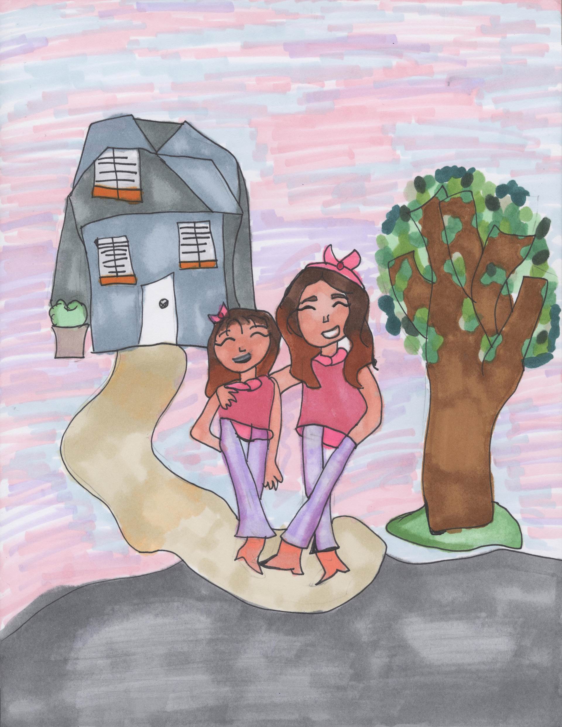Kids drawing of two girls standing in front of a house and tree
