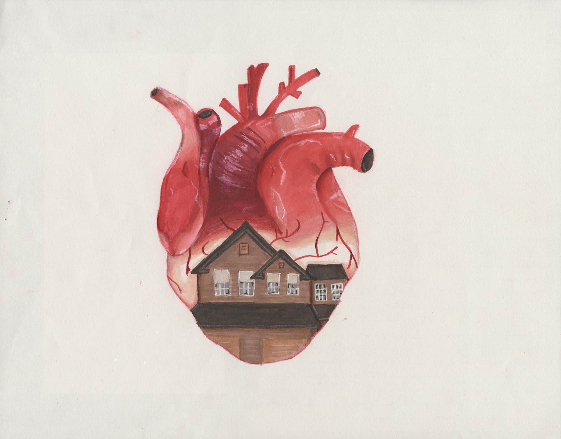 Drawing of a human heart with a house inside