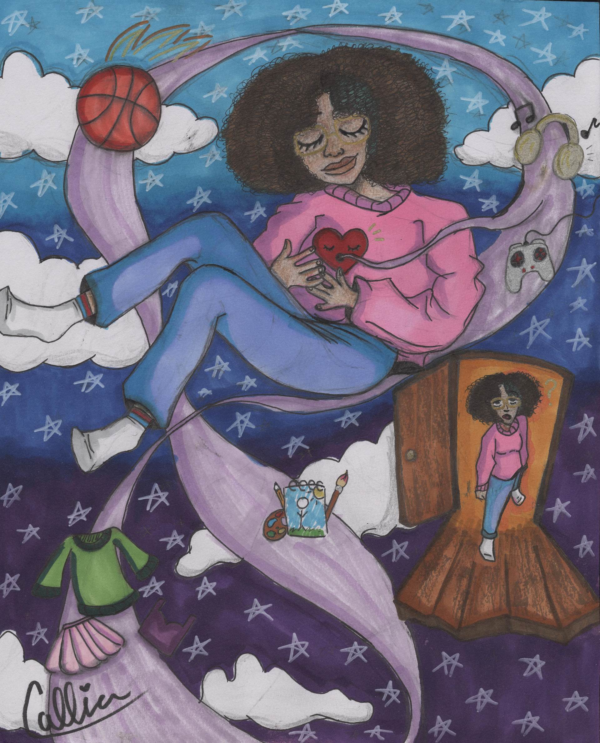 Drawing of a young woman floating in space with various objects and bright colors floating around her