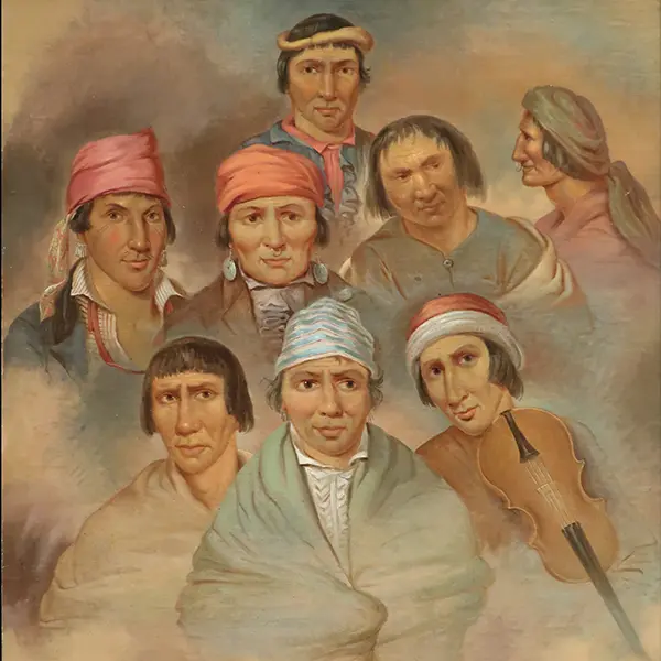 A painting of eight Native American men