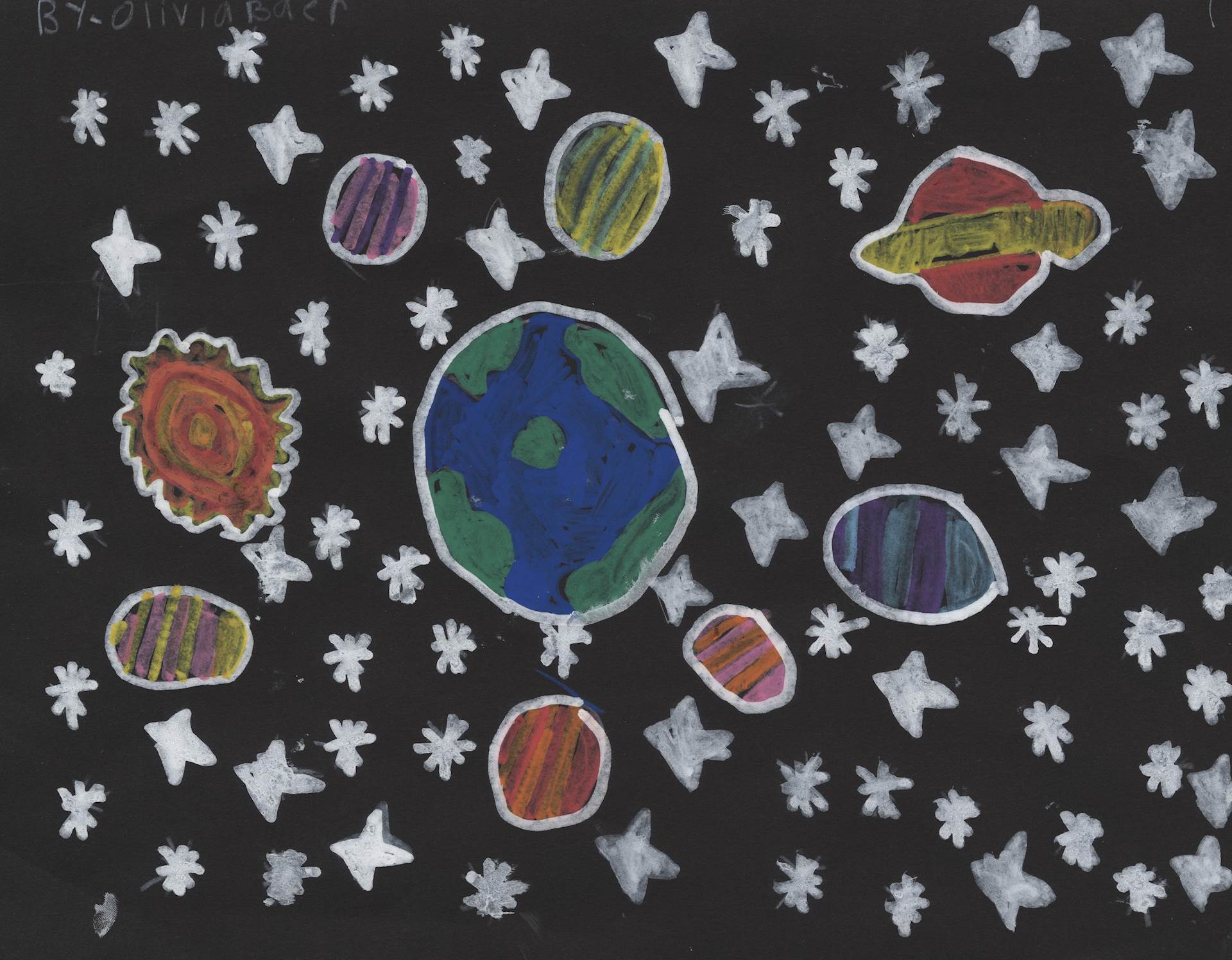 Kids drawing of planets and stars