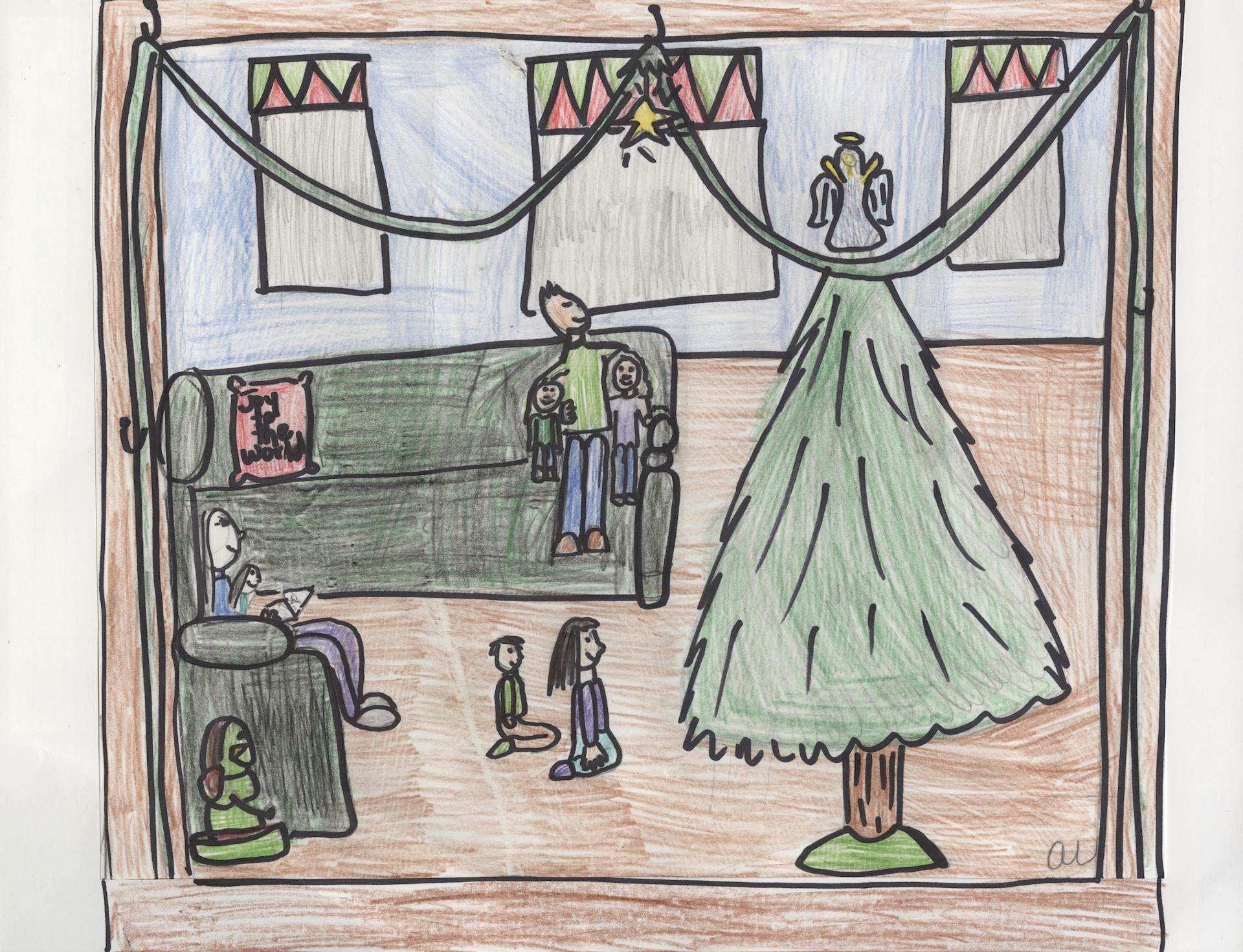 Kids drawing of a family room and a Christmas tree
