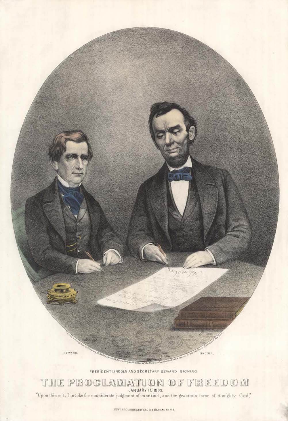 An illustration of Lincoln and Secretary of State William Seward signing the proclamation. 
