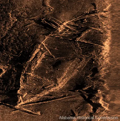 A high-tech scan showing the skeleton of a ship on a river bed.
