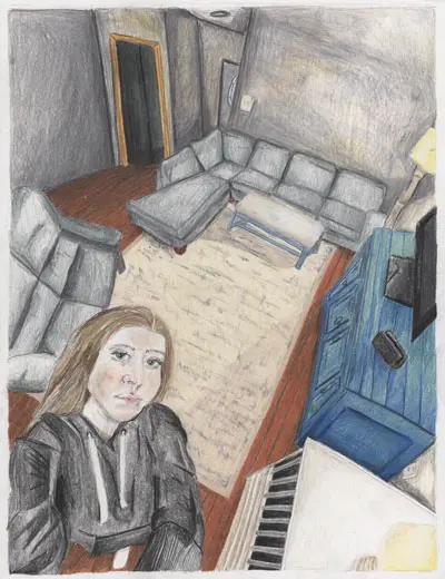 Drawing of a girl standing in her living room as if she were taking a selfie
