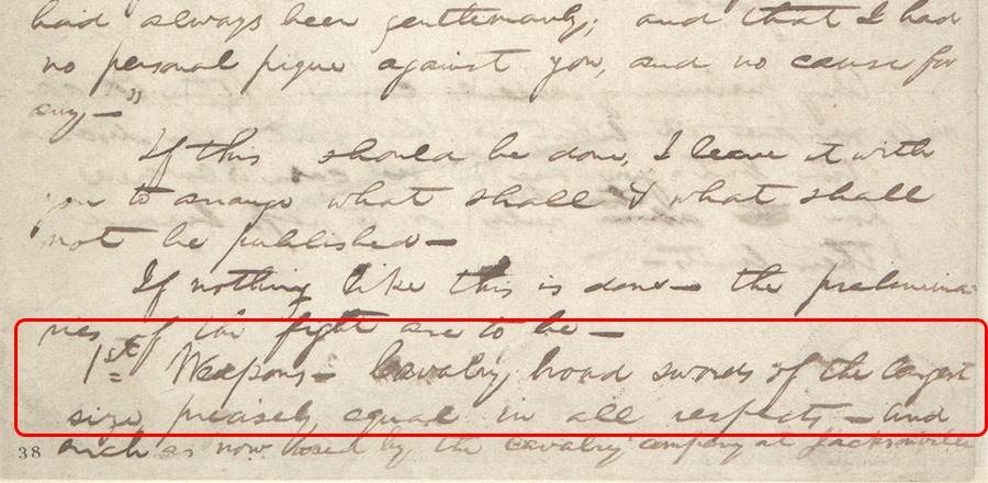 Detail from Lincoln's duel instructions. It was to be fought using "Cavalry broad swords of the largest size, precisely equal