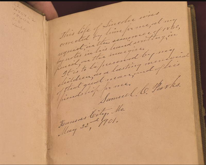 An inscription in Samuel Parks’s copy of Life and Speeches of Abraham Lincoln.