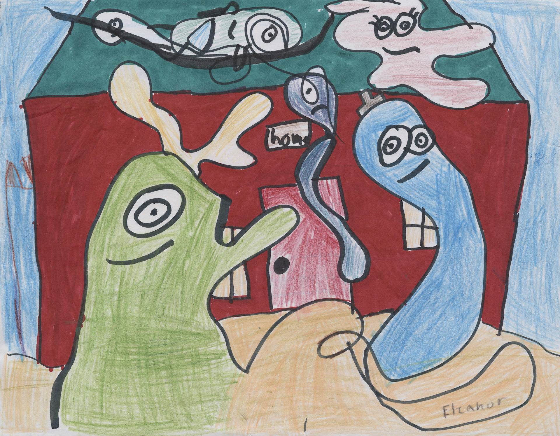 Kids drawing of abstract figures outside of a house