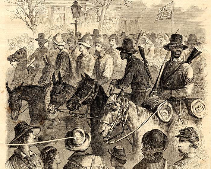 The 1st Mississippi Cavalry (African Descent) bringing in Confederate prisoners, from Frank Leslie's Illustrated Newspaper, D