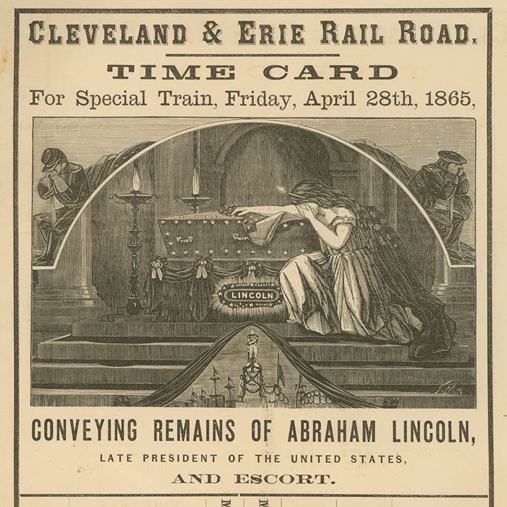 Detail from a card showing the schedule of the Lincoln funeral train.