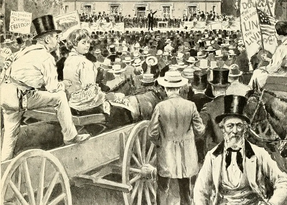 An illustration showing a crowd of people listening as Abraham Lincoln speaks in the distance