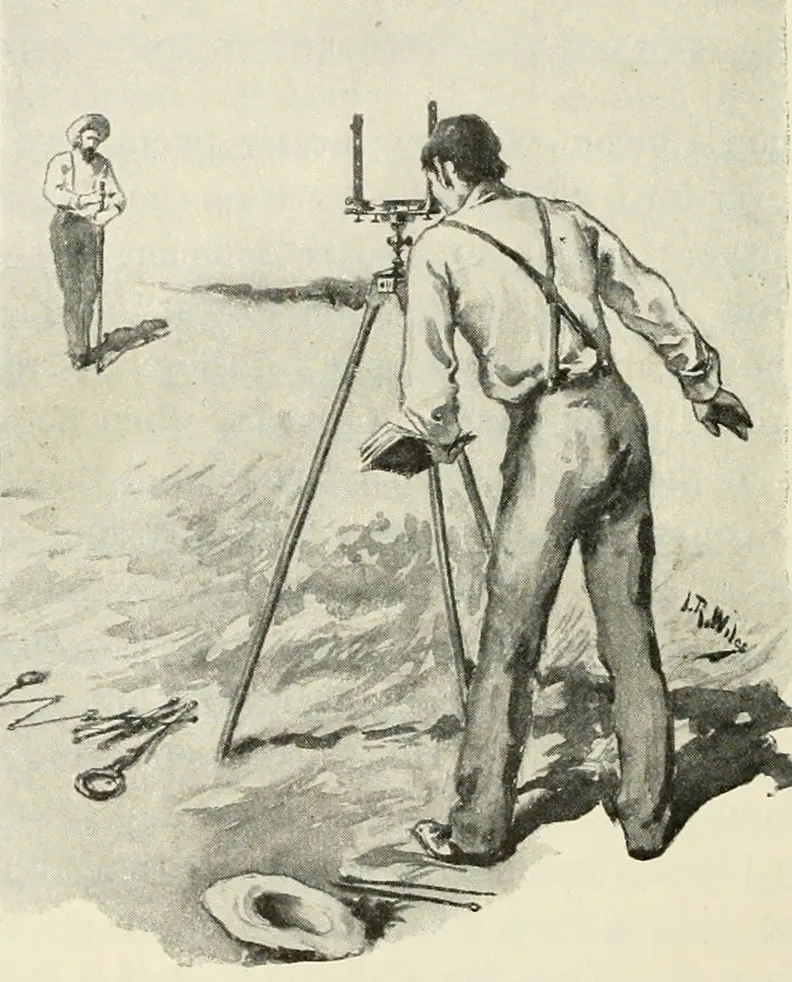 An illustration of young Abraham Lincoln peering through surveying equipment