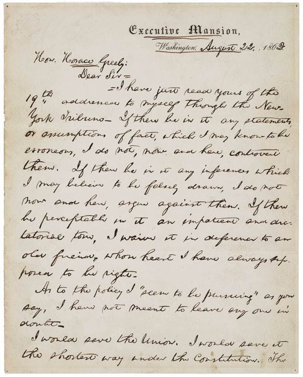 Lincoln’s Response to Greeley’s The Prayer of Twenty Millions, August 22, 1862
