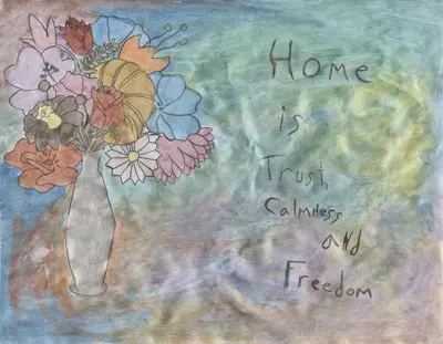 Kids painting of a vase of flowers and the words