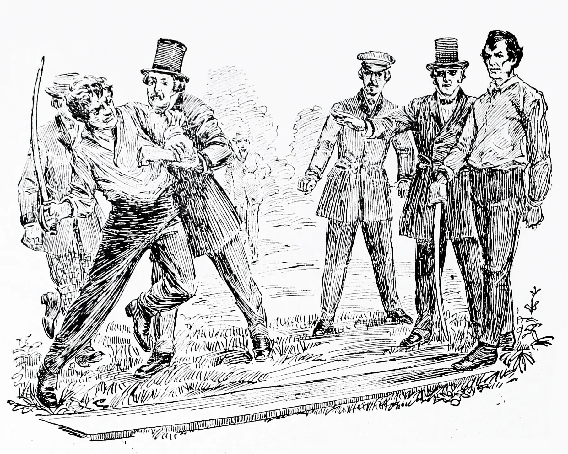 Illustration showing a man armed with a sword being held back from charging at a second man with a sword.