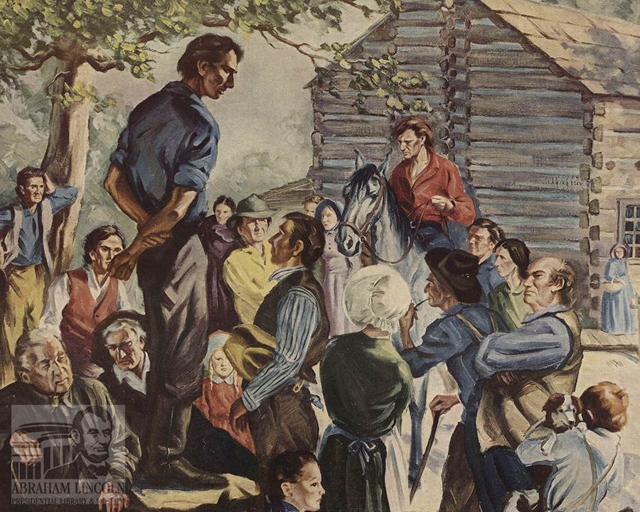 An illustration showing young Abraham Lincoln campaigning in New Salem.