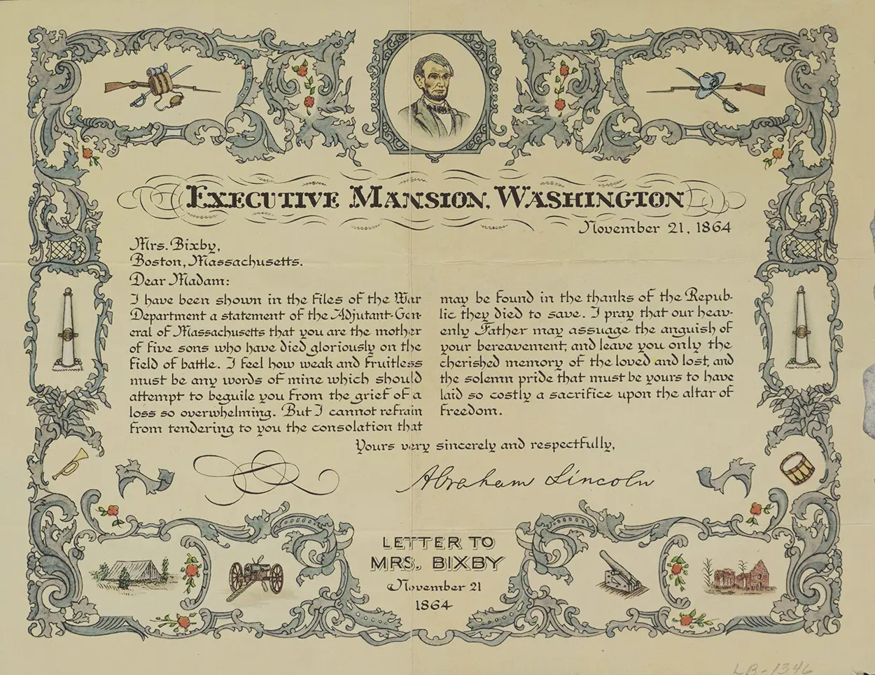 Elaborately decorated facsimile of Lincoln's "Bixby letter" to a grieving mother