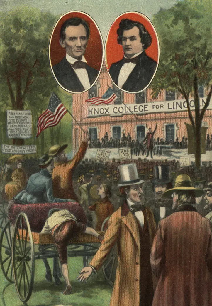 A color illustration showing a crowd watching Lincoln and Douglas debate in the distance.