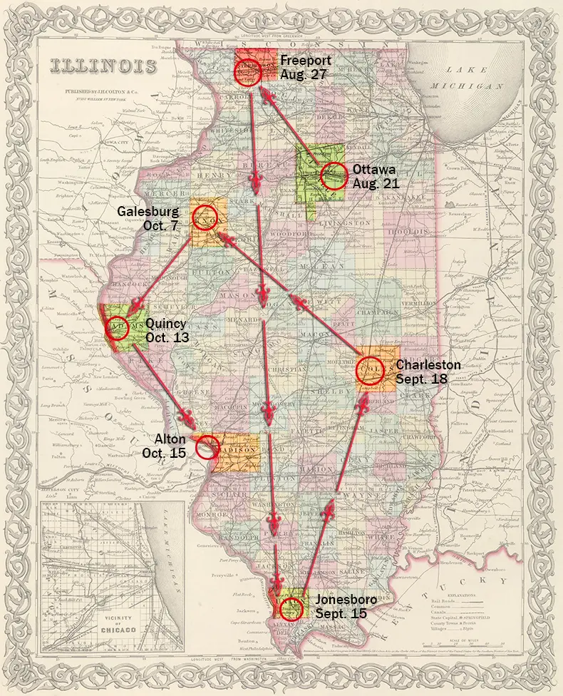A vintage map of Illinois showing the dates and locations of the Lincoln-Douglas debates