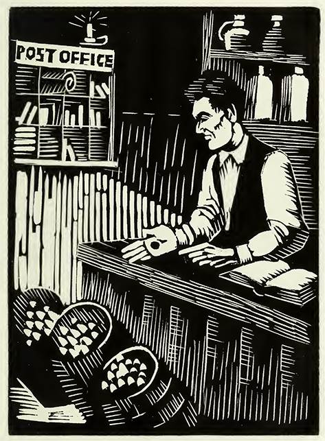A woodcut by Charles Turzak showing young Abraham Lincoln working in his store.